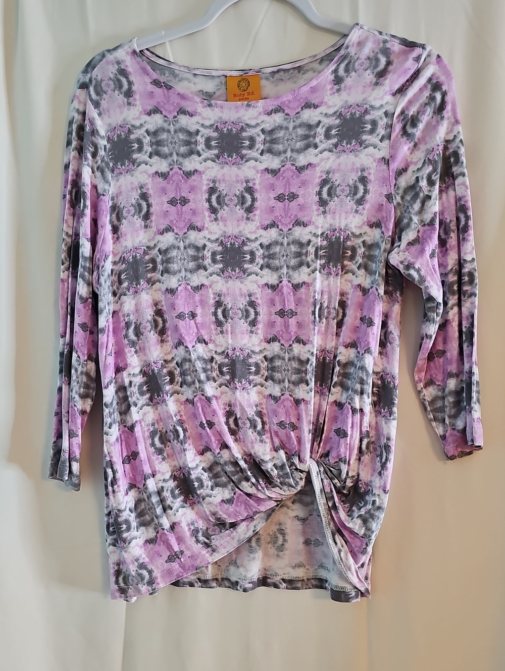 Ruby Rd. Lavender and Gray Tie-Dye Twist Front Long Sleeve Top